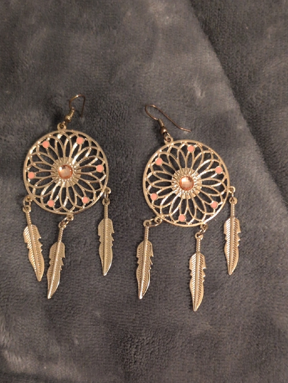 Gold Dreamcatcher Dangle Earrings with Pink Accents